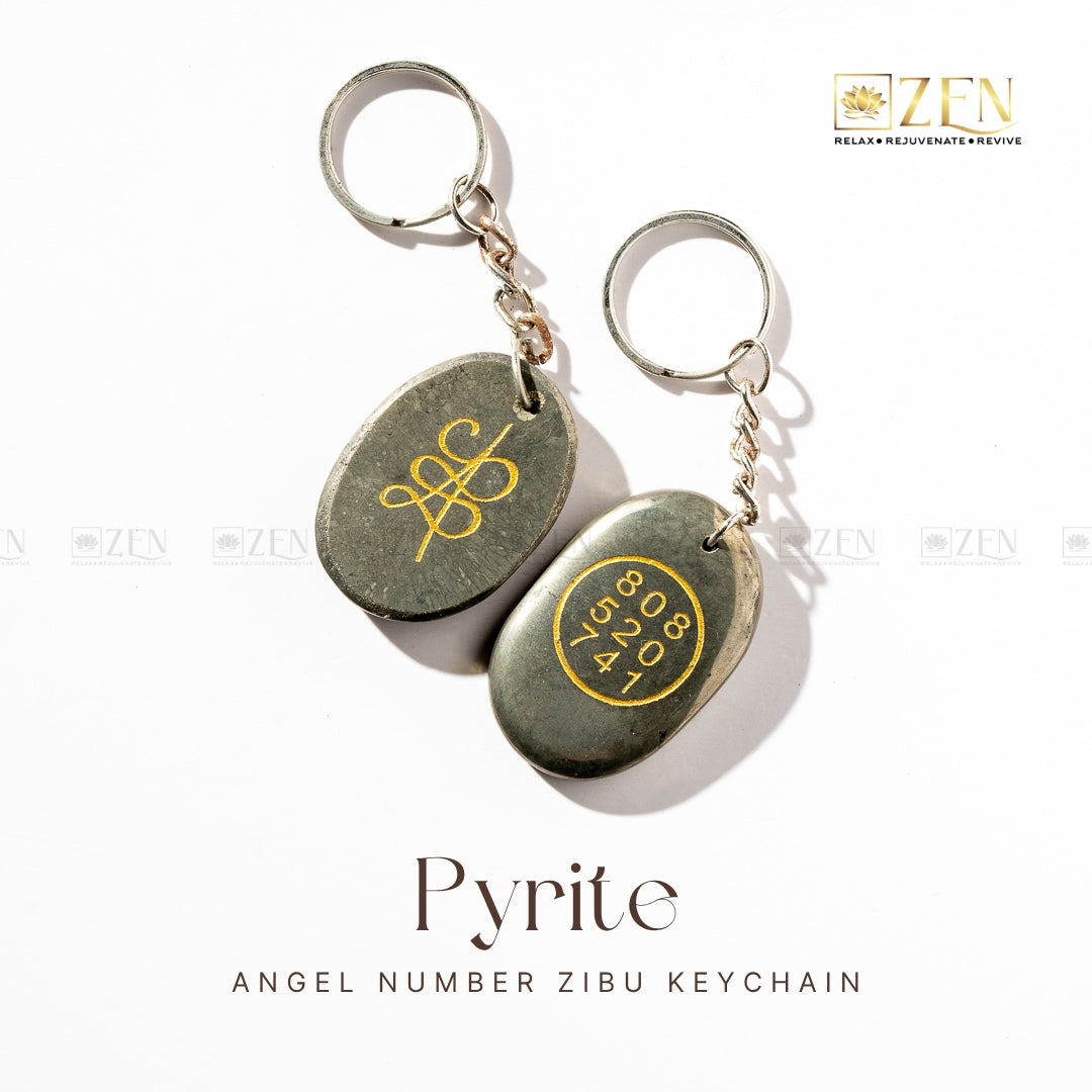 Natural Pyrite Zibu Coin Keychain with Angel Numbers for Wealth and Prosperity