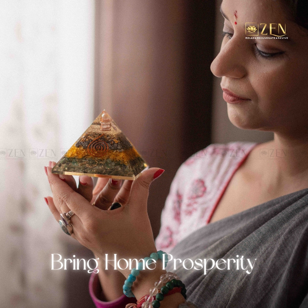 Woman holding a pyramid-shaped object with 'Zen' brand logo and text 'Bring Home Prosperity'.
