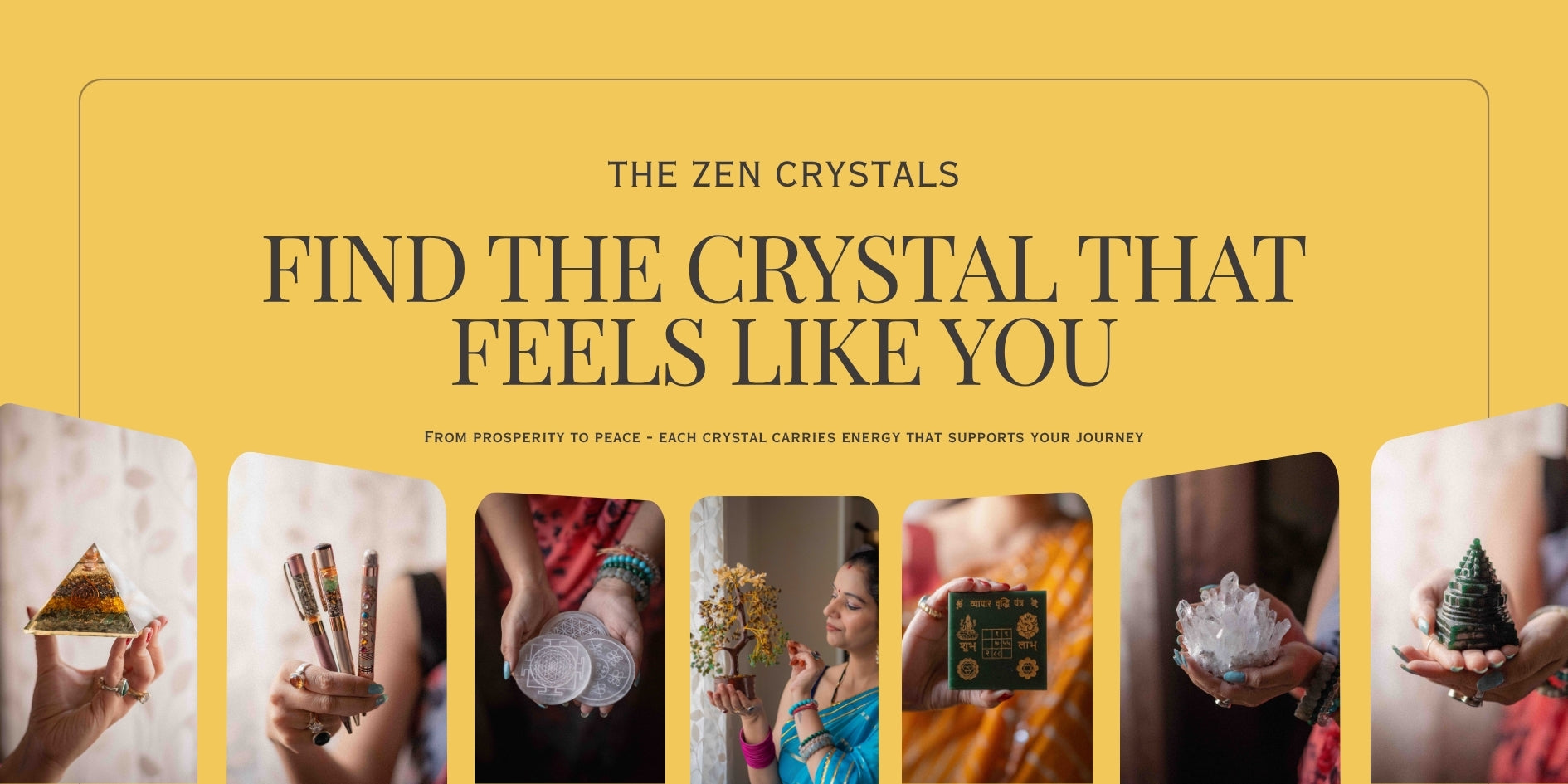 Promotional banner for 'The Zen Crystals' with people holding crystals and text on a yellow background.