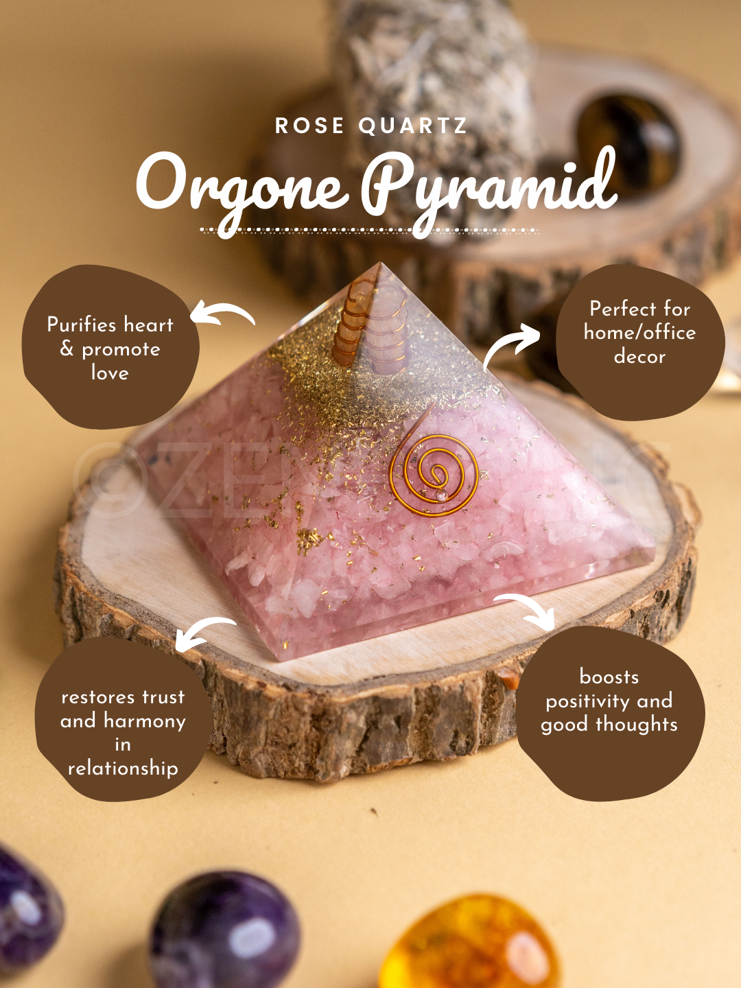 Zen Rose Quartz Orgonite Pyramid For Love, Trust & Harmony in Relationship The Zen Crystals