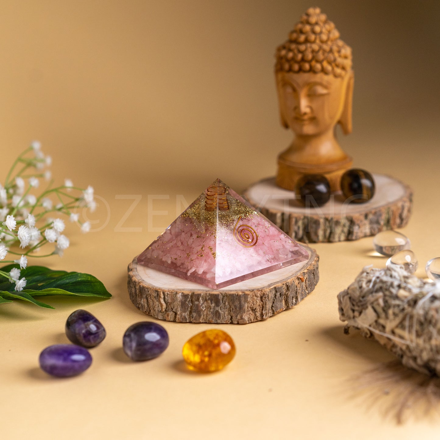 Zen Rose Quartz Orgonite Pyramid For Love, Trust & Harmony in Relationship The Zen Crystals