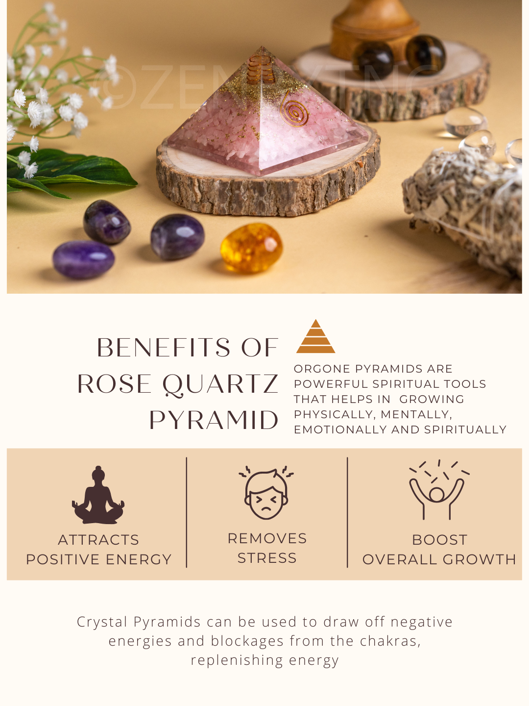 Zen Rose Quartz Orgonite Pyramid For Love, Trust & Harmony in Relationship The Zen Crystals