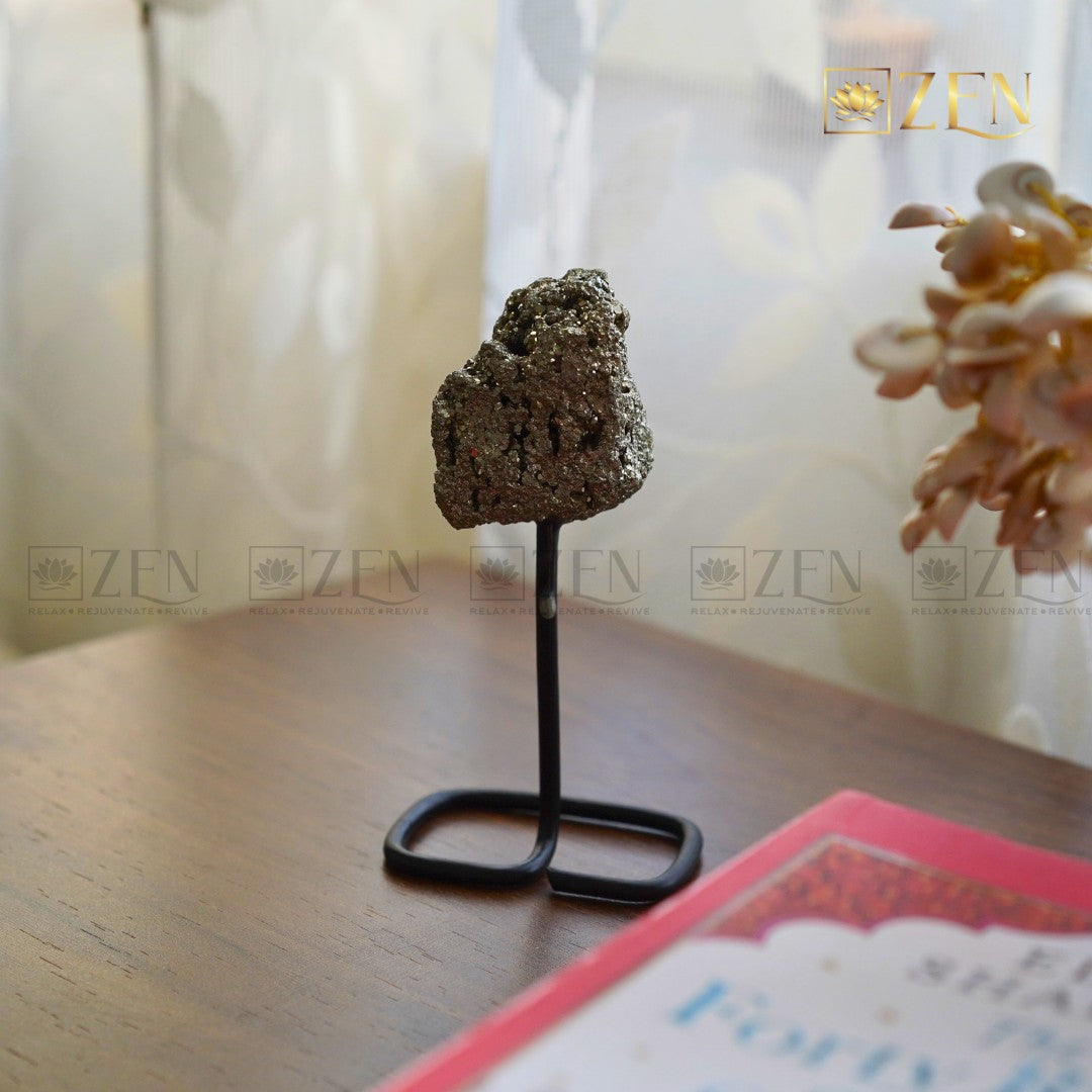 Raw Pyrite Cluster with Metal Stand | The Zen Crystals