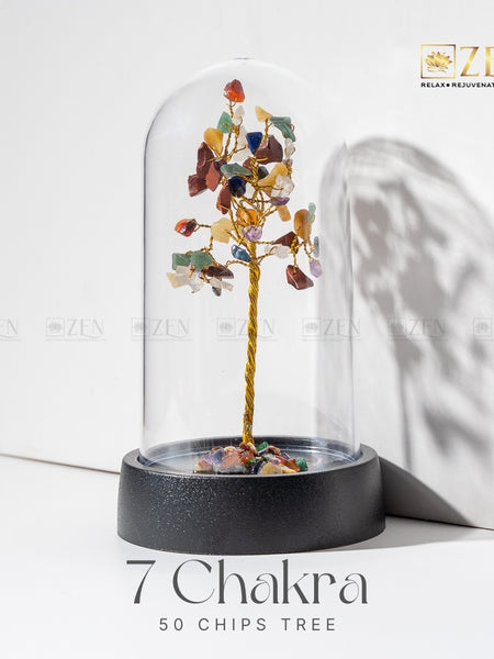 7 Chakra chips tree under a glass dome on a white background with 'Zen' branding.