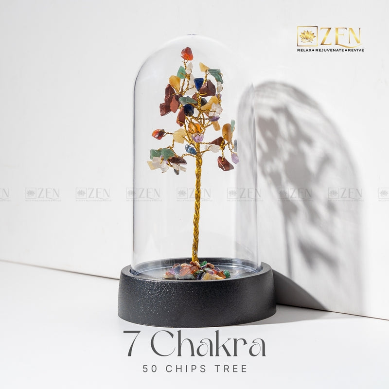 7 Chakra chips tree under a glass dome on a white background with 'Zen' branding.