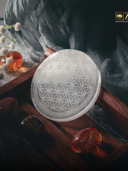 Selenite Plate - Flower Of Life Symbol