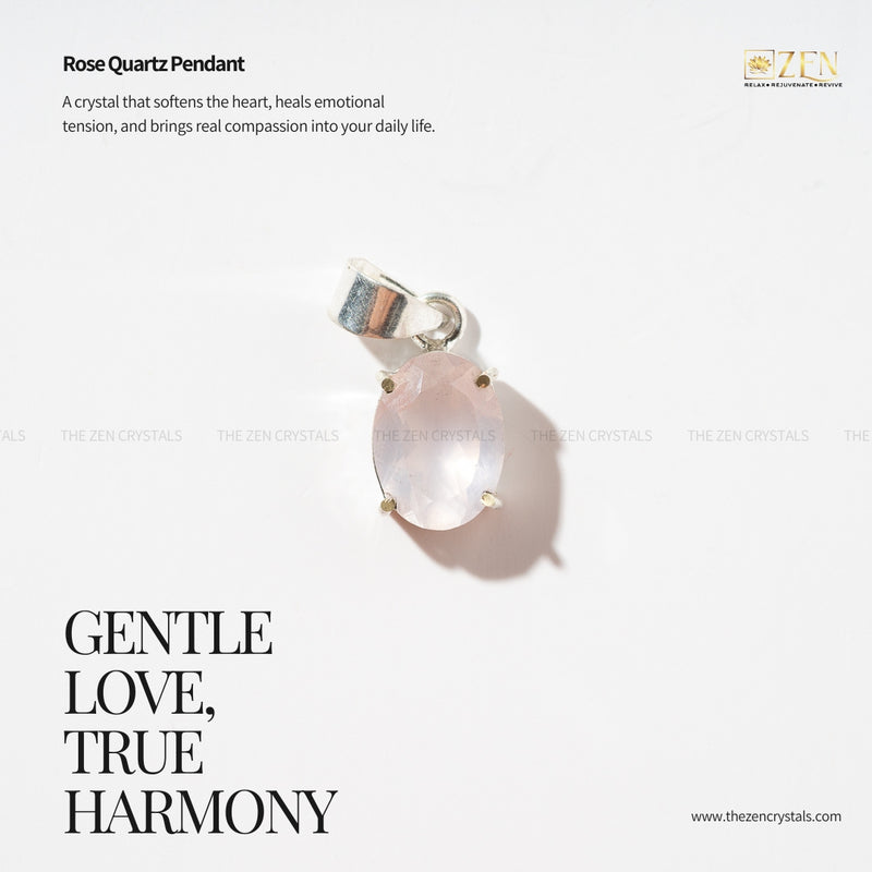 Rose Quartz Pendant with description and brand logo on a white background