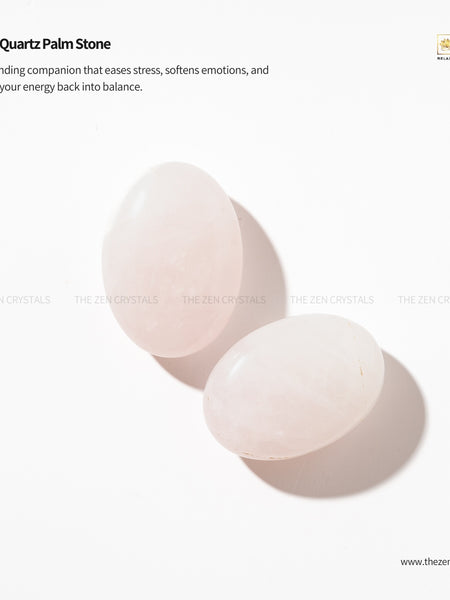 Rose Quartz Palm Stone on a white background with 'Zen' brand logo.