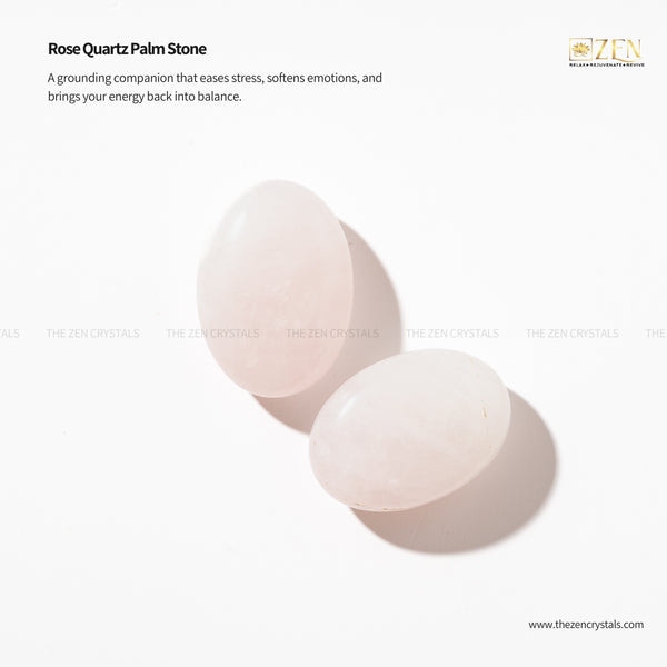 Rose Quartz Palm Stone on a white background with 'Zen' brand logo.