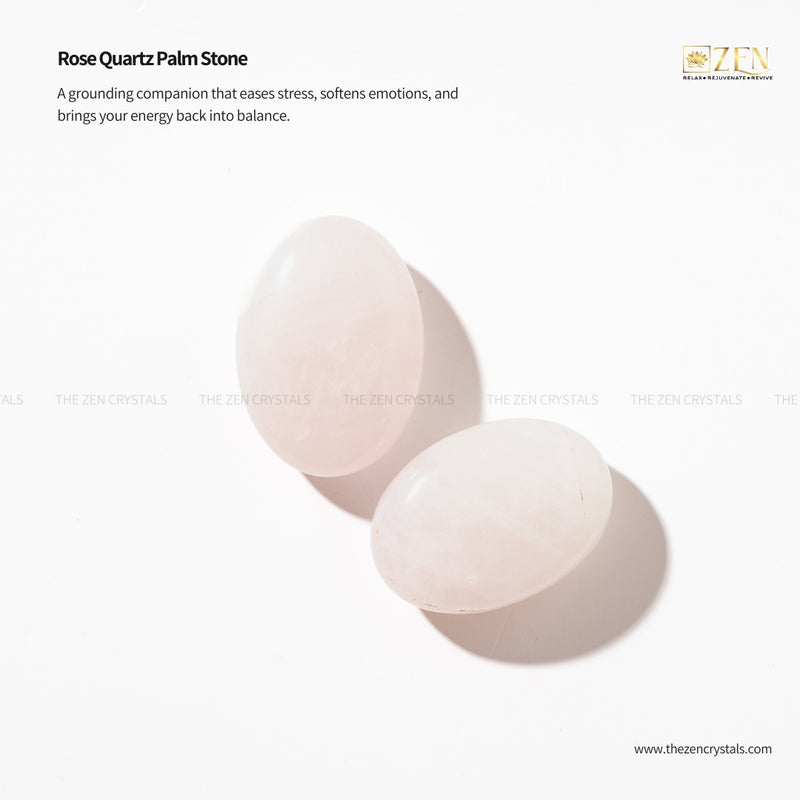 Rose Quartz Palm Stone on a white background with 'Zen' brand logo.