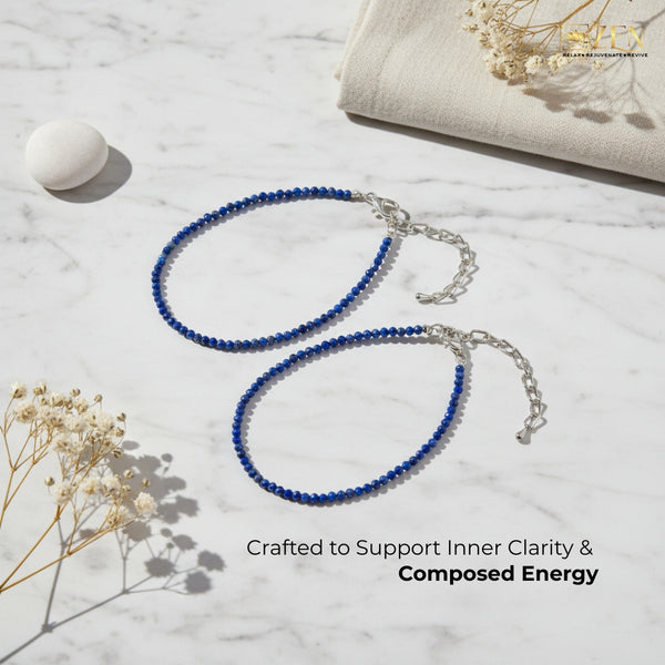 Lifestyle image of the Lapis Lazuli Anklet styled for daily wear, combining minimal design with calm, confident energy.