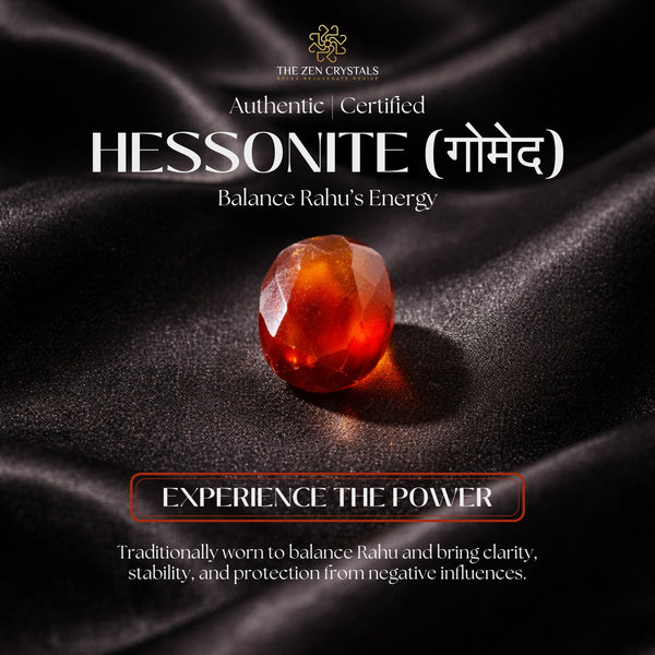 Hessonite gemstone on dark fabric with branding and text about its energy-balancing properties.
