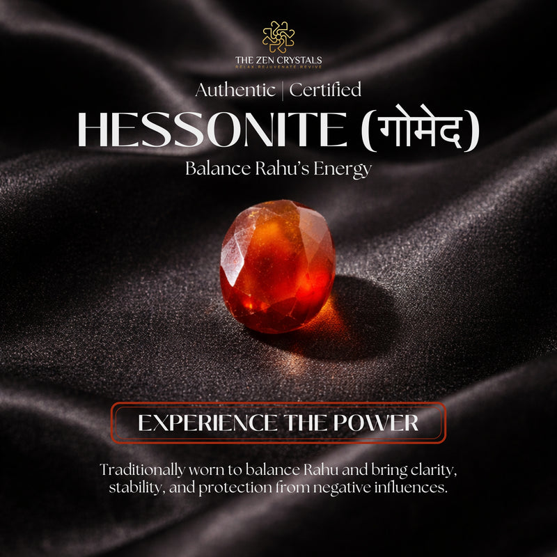Hessonite gemstone on dark fabric with branding and text about its energy-balancing properties.