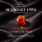 Hessonite gemstone on dark fabric with branding and text about its energy-balancing properties.