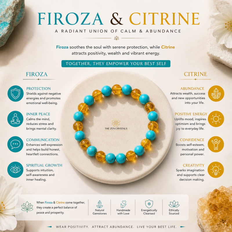 Bracelet with turquoise and citrine  beads on a stone surface, surrounded by text about Firoza and Citrine stones.