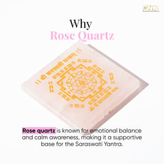 Shree Saraswati Yantra (श्री सरस्वती यंत्र) Rose Quartz Plate on a white background, featuring text about its properties.