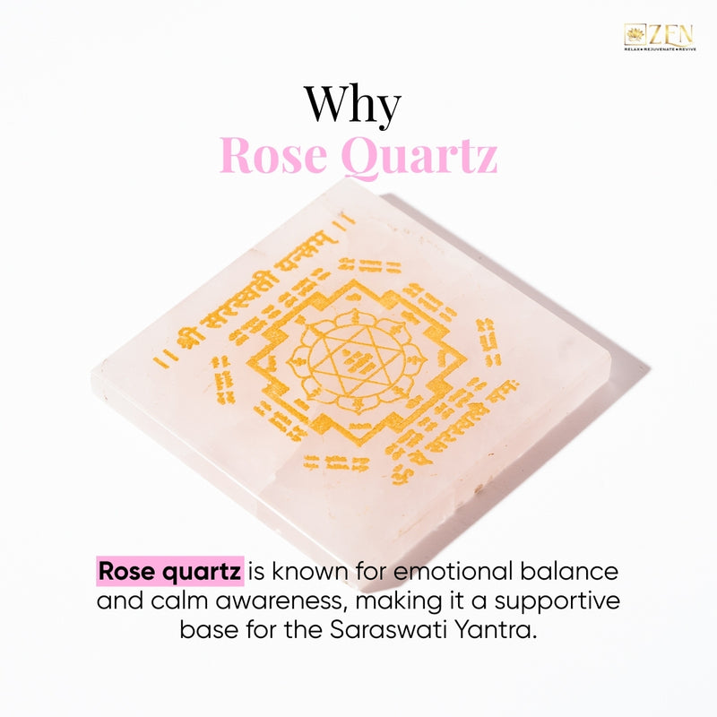 Shree Saraswati Yantra (श्री सरस्वती यंत्र) Rose Quartz Plate on a white background, featuring text about its properties.