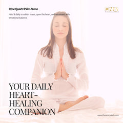 Person meditating with text about Rose Quartz Palm Stone benefits and Zen Crystals branding.