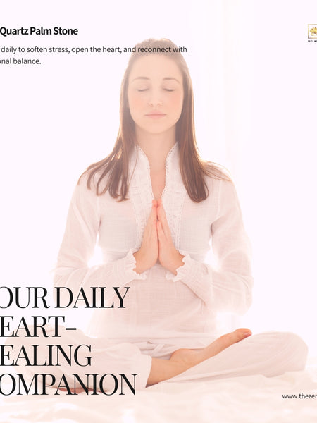 Person meditating with text about Rose Quartz Palm Stone benefits and Zen Crystals branding.