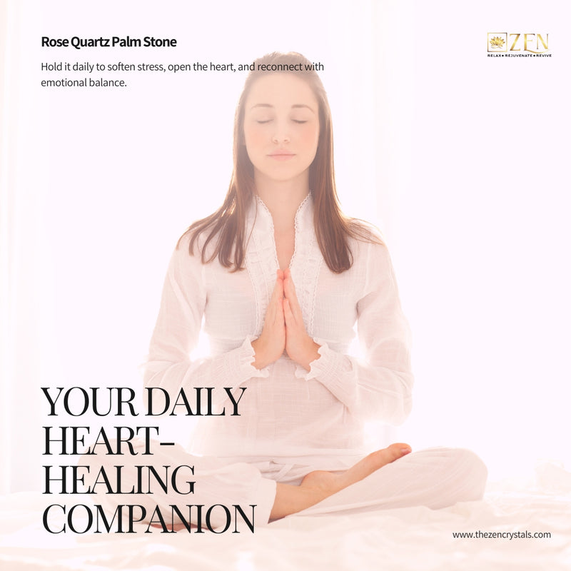 Person meditating with text about Rose Quartz Palm Stone benefits and Zen Crystals branding.