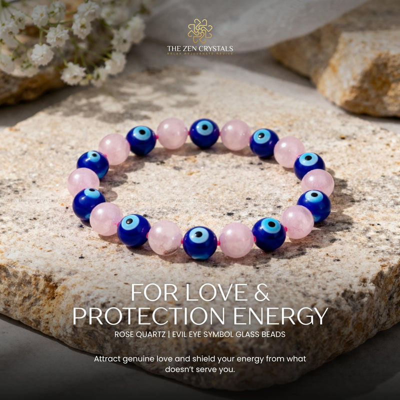 Love & Protection Energy Bracelet with rose quartz and evil eye beads on a stone surface, featuring The Zen Crystals branding.