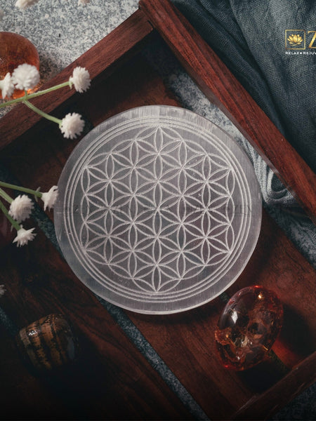 Selenite Plate - Flower Of Life Symbol