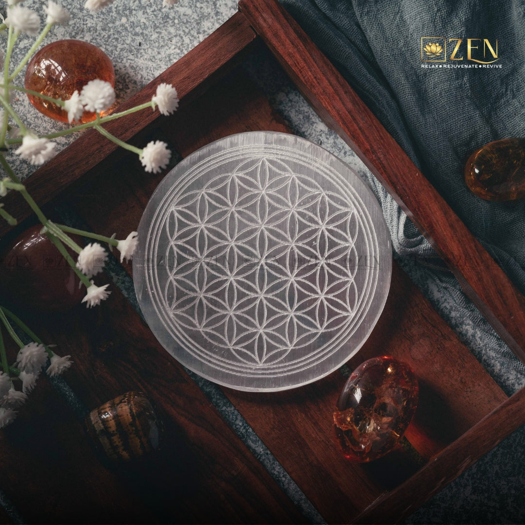 Selenite Plate - Flower Of Life Symbol