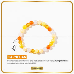 Ruling Number (मूलांक) 3 Bracelet with colored beads on a white background, featuring text about carnelian's benefits.