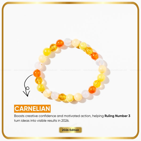 Ruling Number (मूलांक) 3 Bracelet with colored beads on a white background, featuring text about carnelian's benefits.