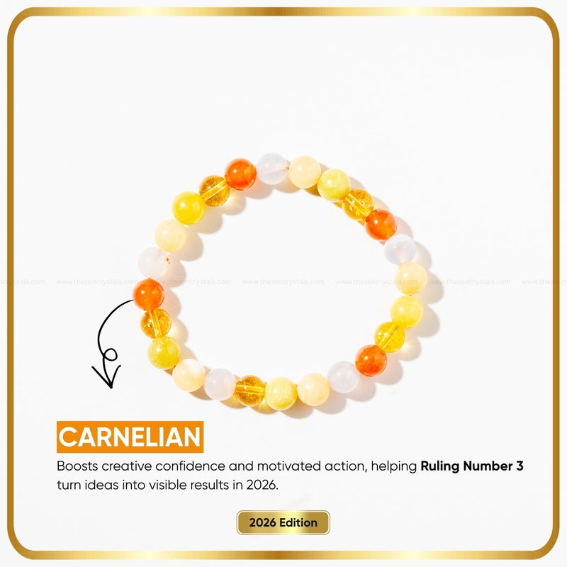 Ruling Number (मूलांक) 3 Bracelet with colored beads on a white background, featuring text about carnelian's benefits.