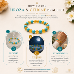 Instructions on how to use Firoza & Citrine bracelet with step-by-step guide and visual elements.