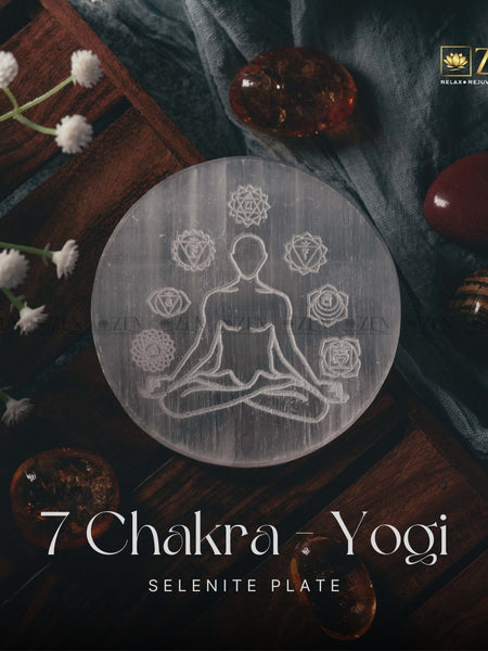 Selenite Charging Plate - 7 Chakra & Yogi Symbol | The Zen Crystals