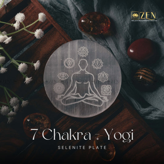 Selenite Charging Plate - 7 Chakra & Yogi Symbol | The Zen Crystals