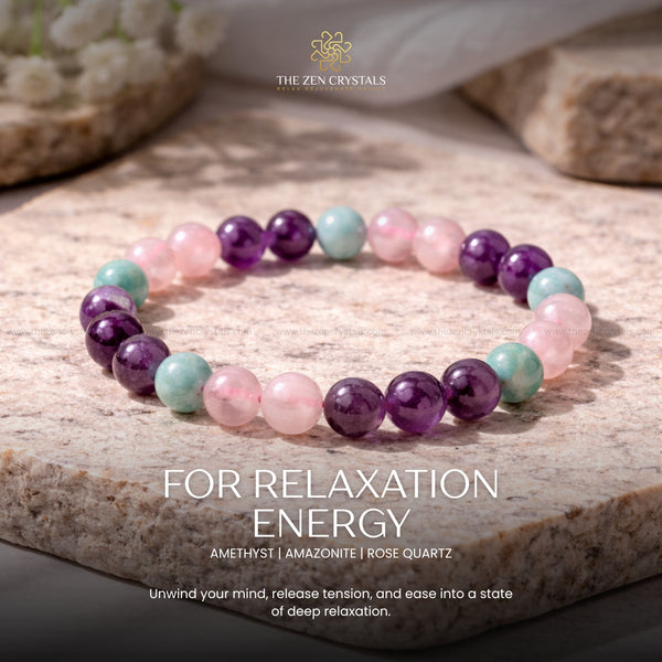 Relaxation Energy Bracelet on a stone surface with 'The Zen Crystals' branding.