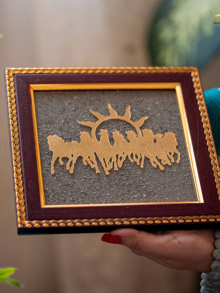 Golden 7 Horses Wall Frame on Pyrite Background Symbolizing Speed and Progress