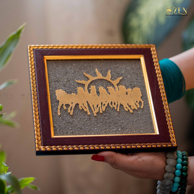 Golden 7 Horses Wall Frame on Pyrite Background Symbolizing Speed and Progress