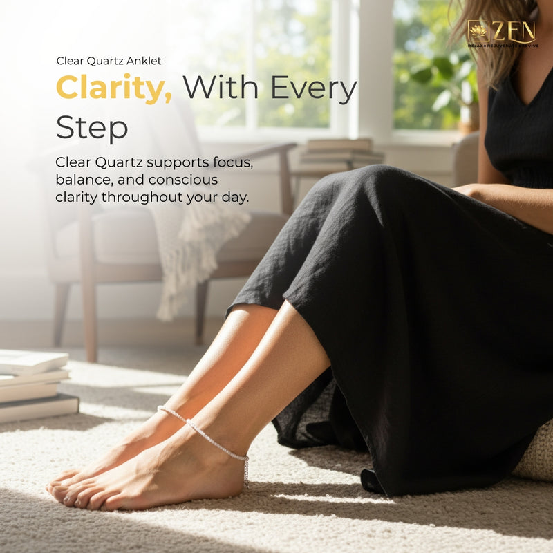 Woman wearing Clear Quartz Anklet for balanced energy and focused daily movement