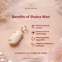 Shukra Mani pendant with benefits listed on a soft pink background, featuring The Zen Crystals brand.