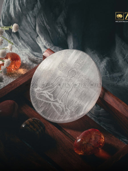 Selenite Charging Plate - 7 Chakra & Yogi Symbol | The Zen Crystals