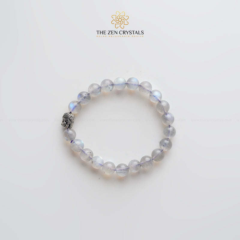 labradorite bracelet with a silver charm on a white background, branded 'The Zen Crystals'.