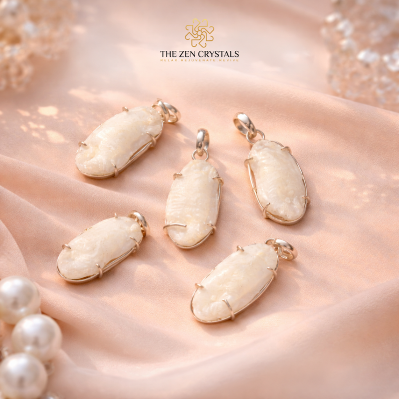 Shukra Mani pendants on a soft pink fabric with 'The Zen Crystals' logo.