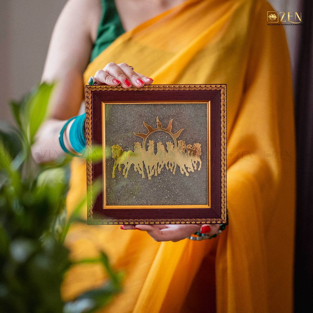 7 Horses Pyrite Frame with Golden Running Horses on Pyrite Base for Success and Prosperity