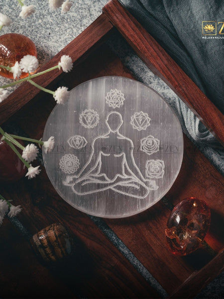 Selenite Charging Plate - 7 Chakra & Yogi Symbol | The Zen Crystals