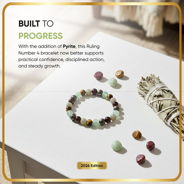 Ruling Number (मूलांक) 4 Bracelet 2026 with pyrite on a white surface, surrounded by crystals and text about progress and confidence.