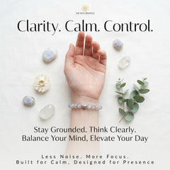 Hand wearing a labradorite bracelet with crystals and plants on a light background, featuring text about crystal benefits.