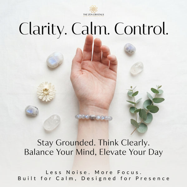 Hand wearing a labradorite bracelet with crystals and plants on a light background, featuring text about crystal benefits.