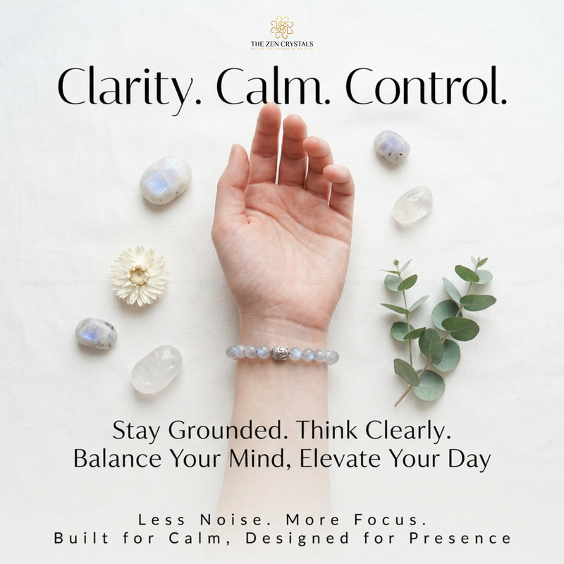 Hand wearing a labradorite bracelet with crystals and plants on a light background, featuring text about crystal benefits.