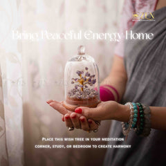 Person holding a small tree in a glass dome with text promoting peace and harmony.