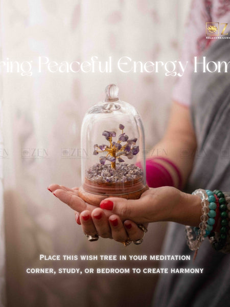 Person holding a small tree in a glass dome with text promoting peace and harmony.