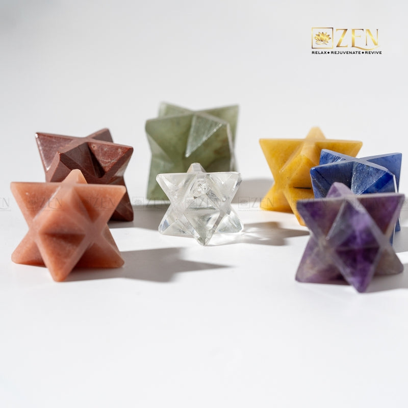 clear quartz merkaba on a white background with 'Zen' brand logo.